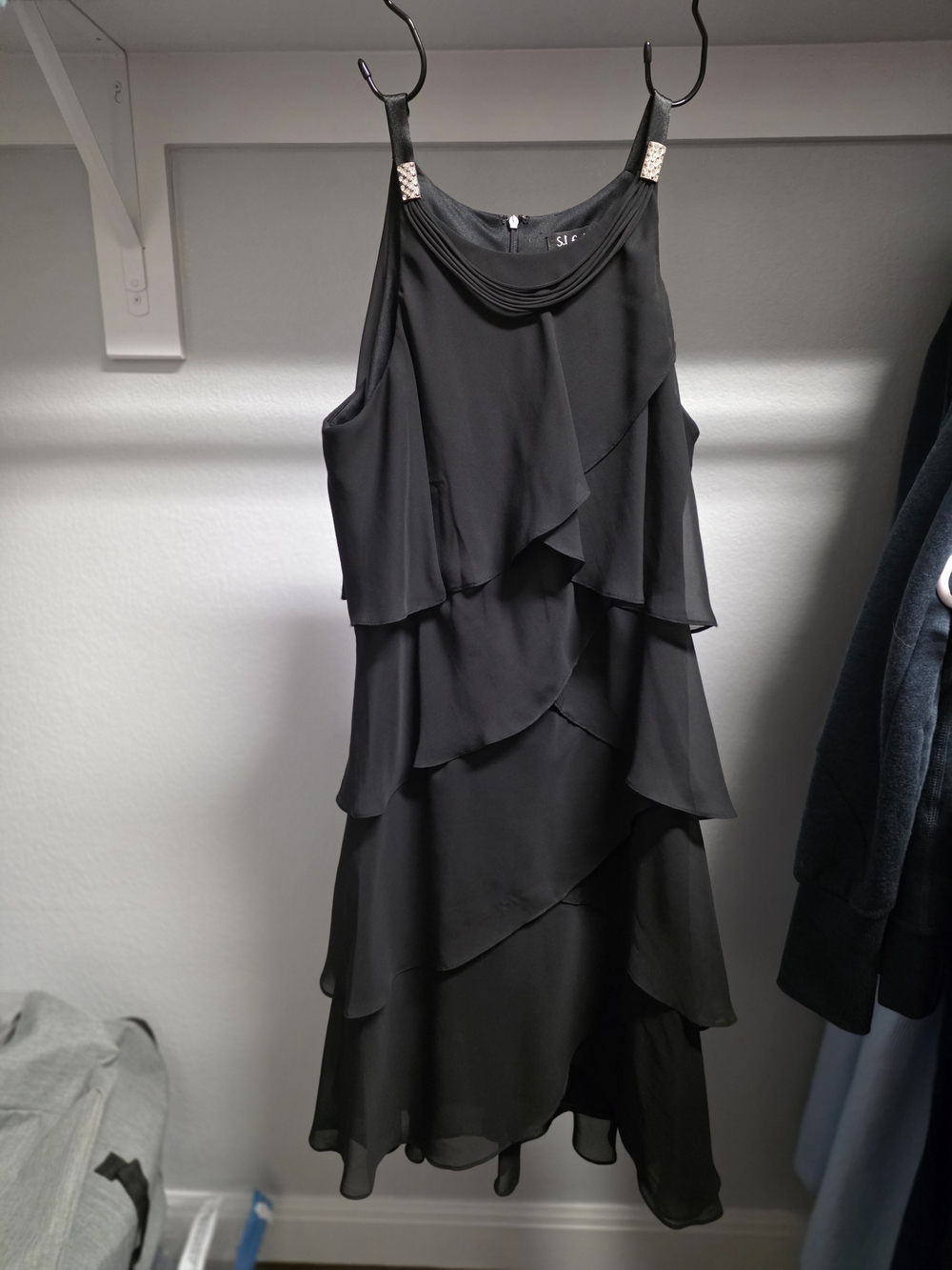 S.L. Fashions Black Layered Chiffon Midi Dress with Embellished Straps